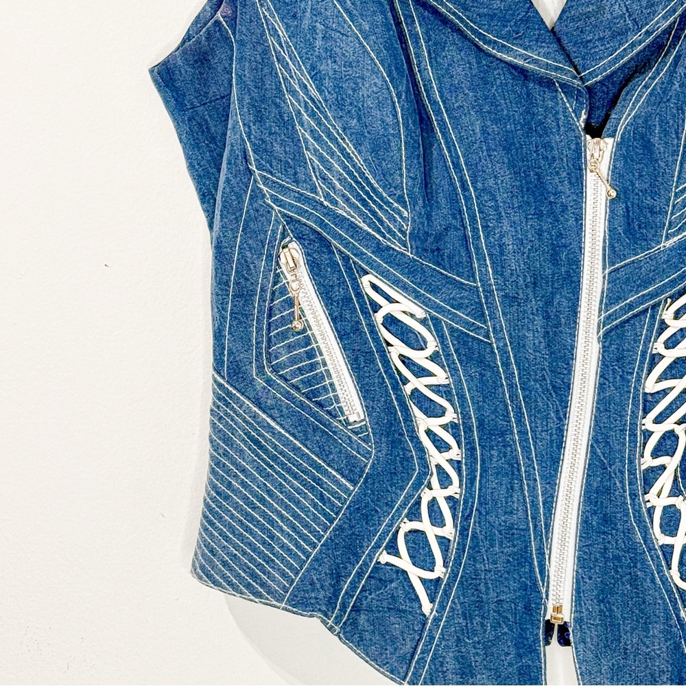 Vintage Cache Light Blue Denim Corset Vest Moto Style Zipped Y2K 100% Tencel - Picture 4 of 9